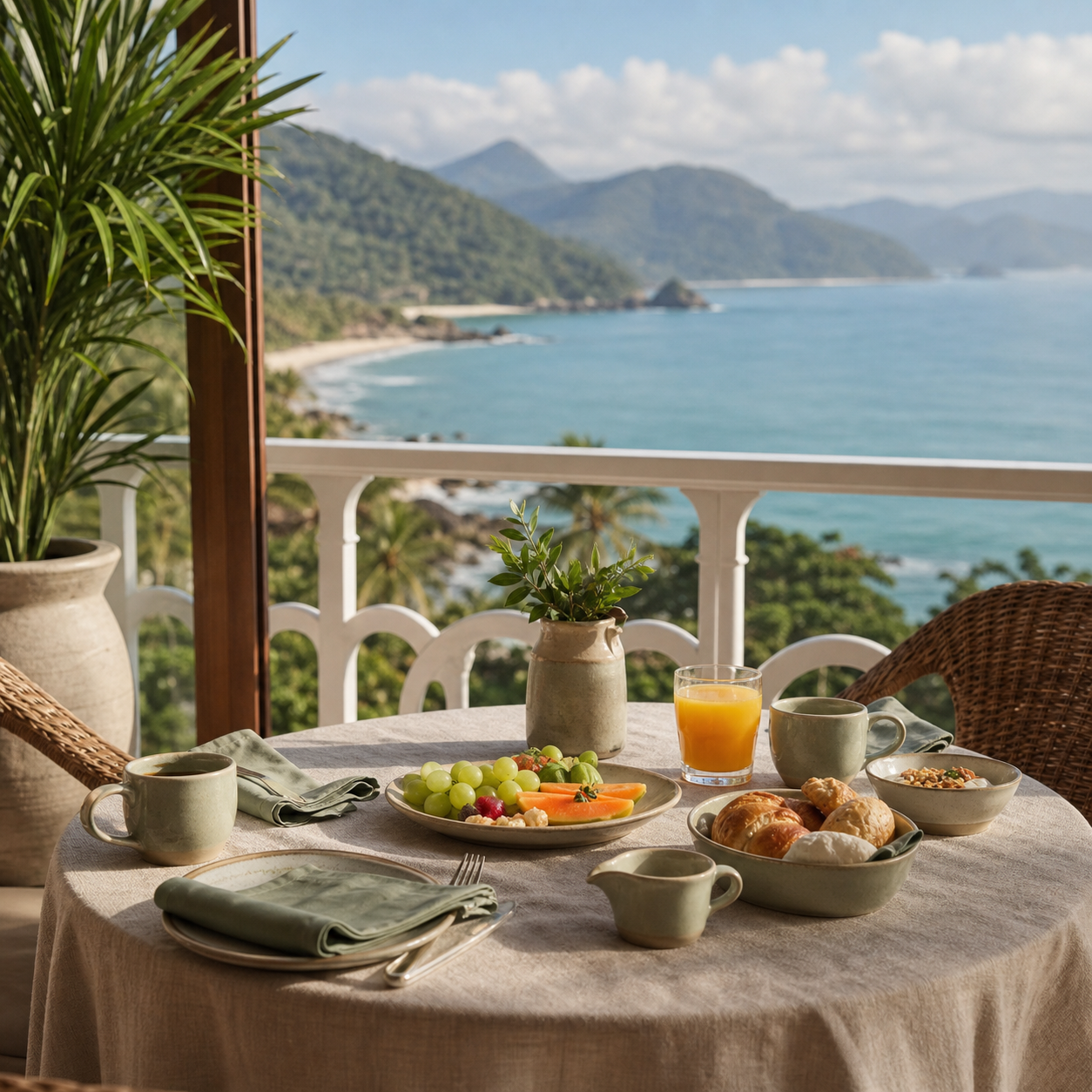 Café da manhã para dois em uma varanda com vista para o mar
